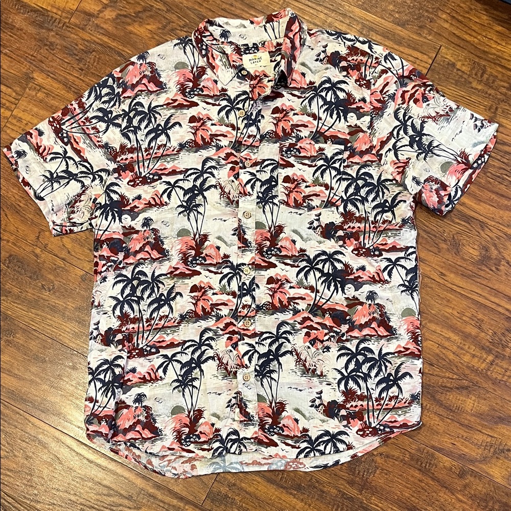 Marine Layer Men's Shirt with Palm Print in Red and Blue